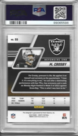 2023 Panini Zenith Maxx Crosby Red Zone Autograph PSA 9 back